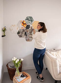 Hexagons collection above the sofa