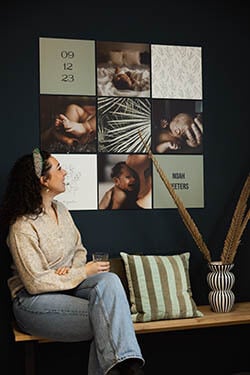 Square collage in hallway with bench