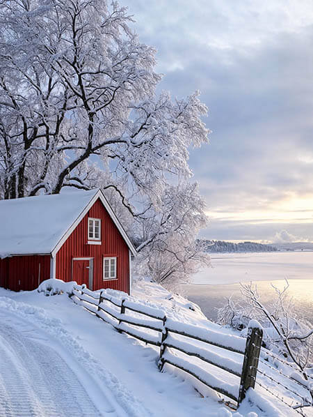 Red House in a Snowy Field